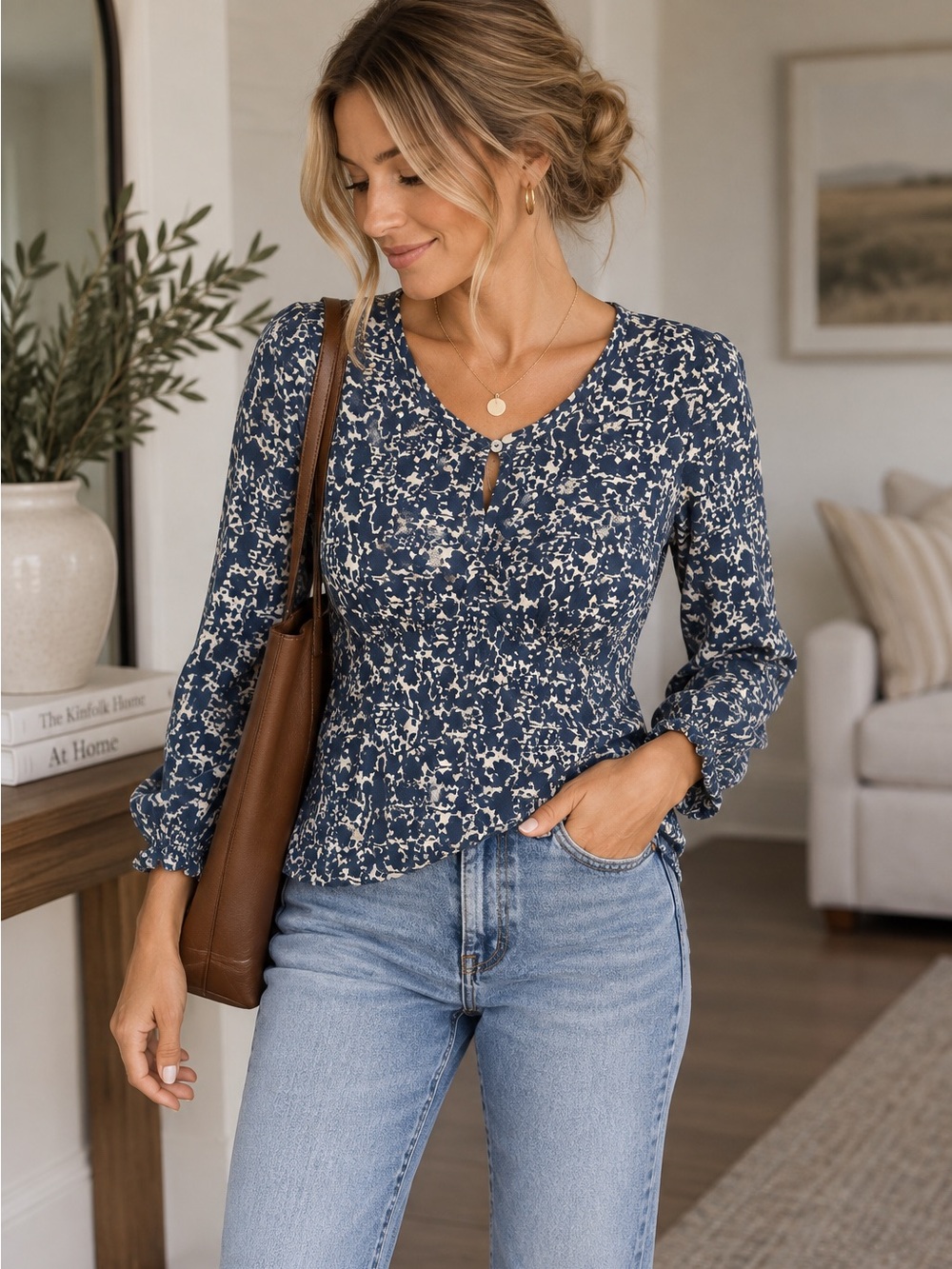 MEXX Navy & Cream Printed Long-Sleeve Top — Size S